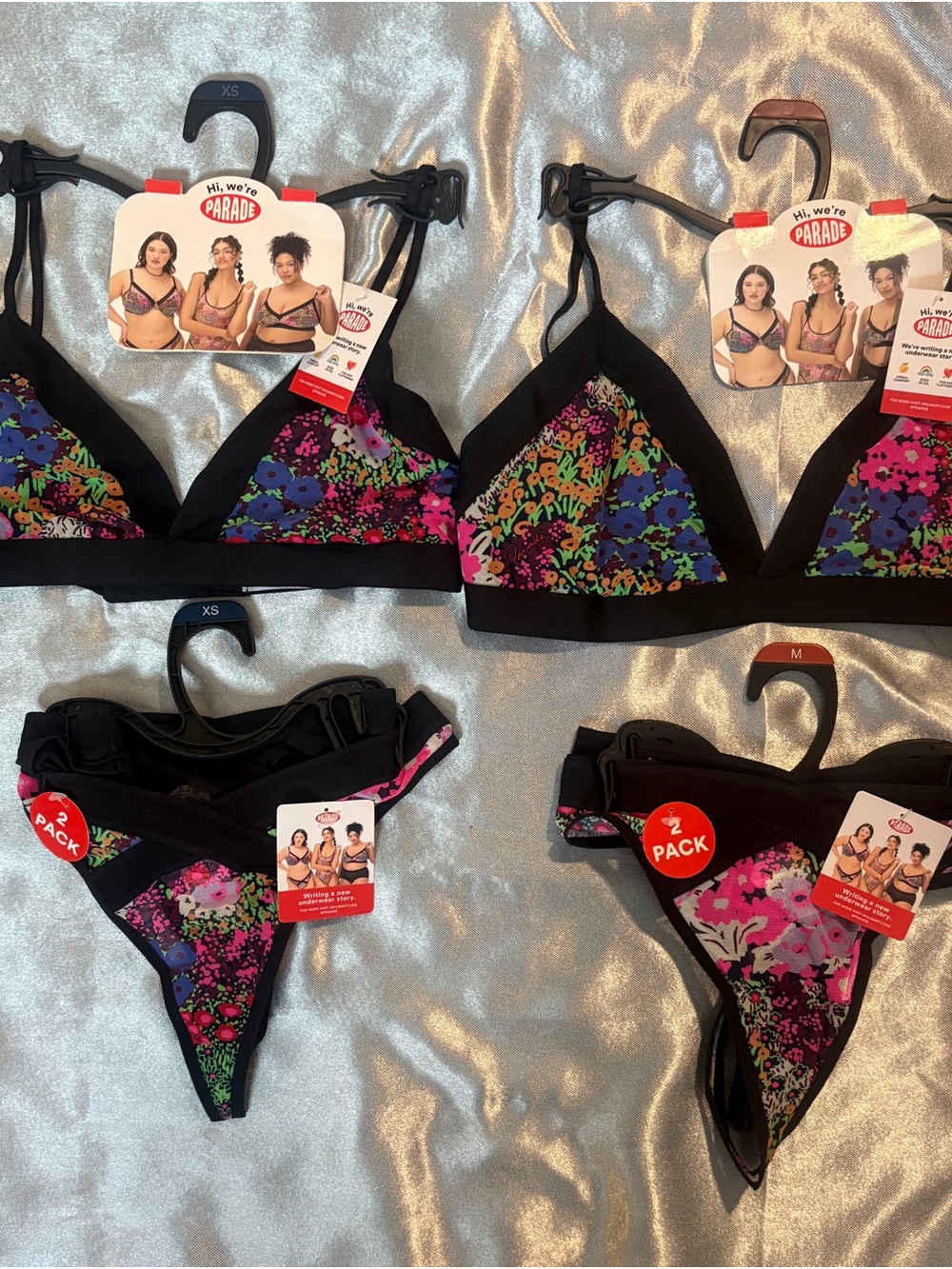 Women's Floral Print Triangle Bralette & Thong Set - Black Floral